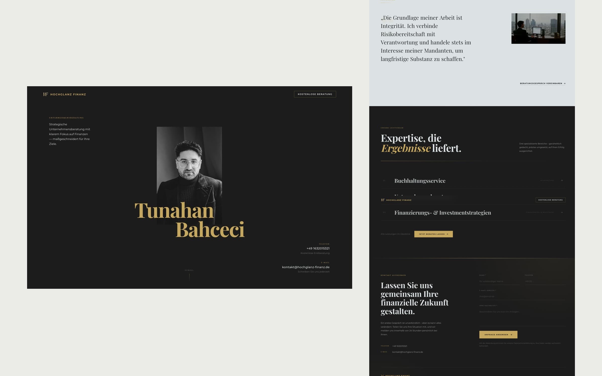 Editorial-Mockup der Hochglanz-Finanz-Webseite – Hero, Philosophie und Leistungen im Editorial-Layout