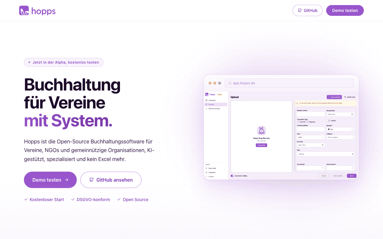 Screenshot der Hopps-Startseite mit Buchhaltungssoftware-Preview
