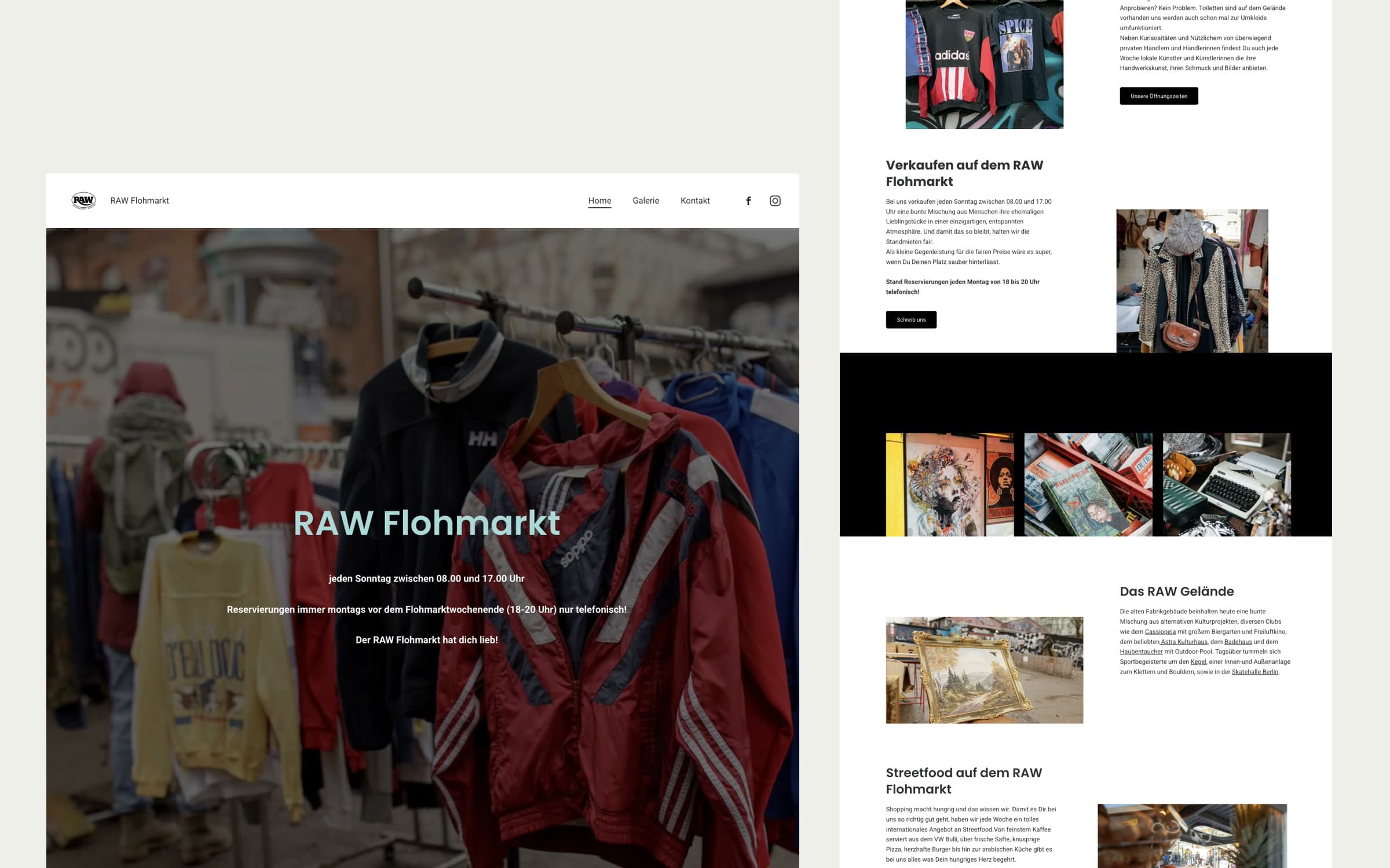 Editorial-Mockup der RAW-Flohmarkt-Webseite mit Hero und vollständiger Landingpage